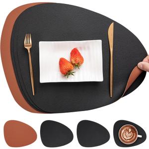 Myir JUN Placemats, Dual-Sided Placemats Waterproof Faux Leather Placemats Set of 4 Place Mats and Coasters Non-Slip Washable Table Mats for Dining Table (Black Brown, Set of 4)