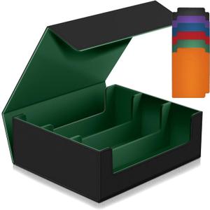 1800+ Trading Card Storage Box, Magnetic Closure Toploaders Storage Box Hold 600+ 35PT 3"x4" Standard Toploaders, PU Leather Card Deck Boxes Fit for MTG,Sport Cards,Game Cards (Black&Dark Green)