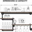Bar Liquor Shelves, Industrial Pipe Shelving Wine Rack Wall Mounted with 4 Stem Glass Holder, Rustic Floating Pipe Shelf, 39.4 x 23.6 x 7.9 inches