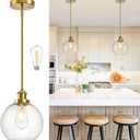 Bagood 8 Inch Gold Hanging Pendants Light Contemporary Globe Pendant Kitchen Island Modern Pendant Lights with Clear Glass Adjustable Hanging Light Fixture for Dining Room Bedroom (Bulb Incl.)