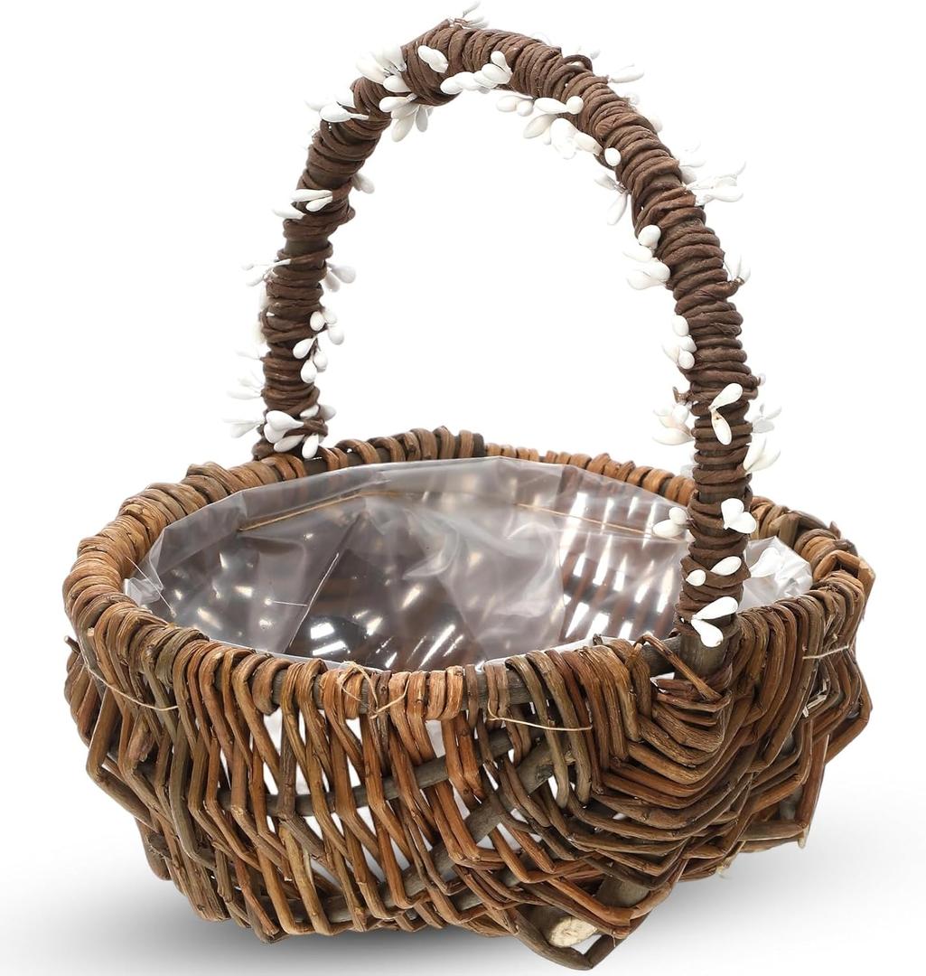 LemonRoad 1 Pcs Small Flower Girl Basket Vintage Berry Vine Wrapping Wicker Basket with Handle for Easter Wedding Flowers Floral Decoration Candy Garden Home Storage (7.9x7.9x5.9'')