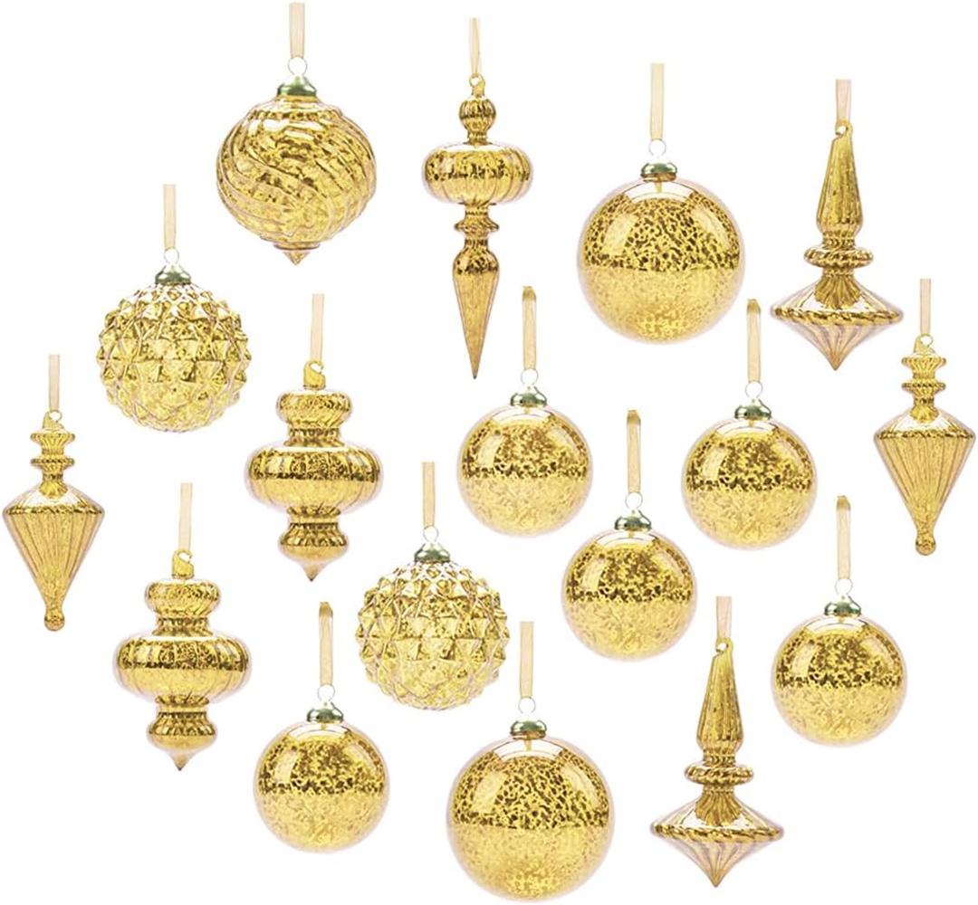Glass Christmas Ball Drop Ornaments Holiday Trees Wreaths & Garland Decor Gold Color Size:2.36''-6'' (17 Pieces)