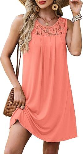 Summer Dresses for Women Sleeveless Lace Crewneck Sundress (S-3XL)  (X-Large, 1-coral)