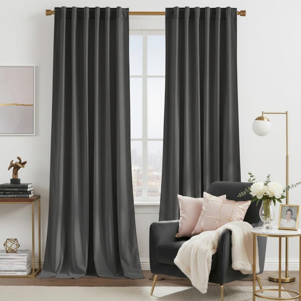 NICETOWN Grey Luxury Velvet Curtain Panels 96 inches Long, Home Decoration Back Tab Window Treatment for Living Room/Bedroom/Home Theatre/Foyer Door/Sliding Glass Door/Dorm (2 Panel Per Pack)