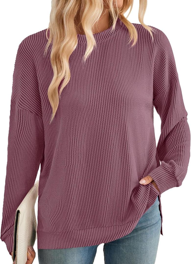 BAISHENGGT Women's Ribbed Sweatshirts Crewneck Casual Long Sleeve Loose Fit Stretchy Fall Tunic Tops (S)