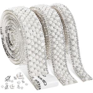 Outus 3 Rolls Pearl Stickers Ribbon Self Adhesive Rhinestone Pearl Wrap Roll Crystal Tape Strips Trim for DIY Crafts Wedding Birthday Party Decoration(Staggered Style)