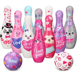 Syhood 12 Pcs Valentines Day Bowling Set 10 Foam Pins and 2 Balls Valentine Game Heart Owl Animal Bowling for Valentine Holiday Party Activity Indoor Outdoor