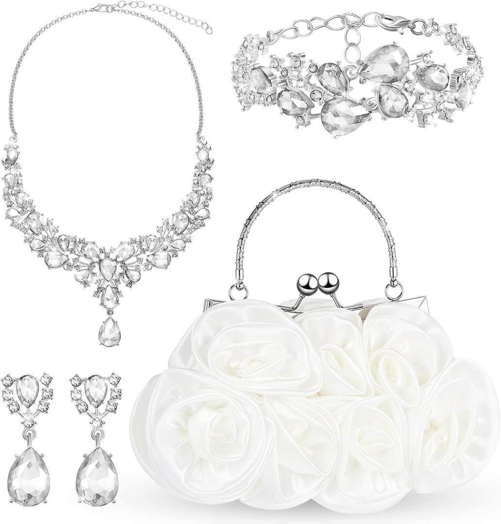 4 Pcs Flower Clutch Rhinestone Jewelry Set Rose Clutch Handbags with Detachable Strap Detachable Necklace Earrings Bracelets for Wedding Party Prom Valentine Gift