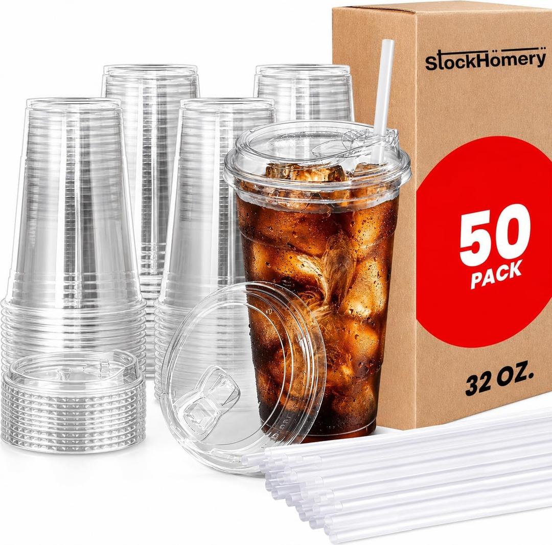 32 oz Clear Plastic Cups With Lids & Straws Thick, Reusable, Disposable Iced Coffee Cups for Smoothies, Beer & Any Beverages for Parties, (32 OZ)