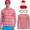 Adult Couple Costume Men Halloween Costumes Wally Cosplay Red White Striped Tee Shirt Suit Outfit with Glasses Hat (Large)