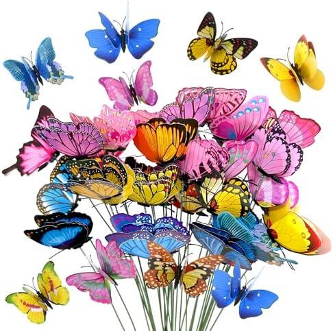 CAMATET 40 Pcs Butterfly Stakes, Decorative Garden Stakes, 3D Colorful Double Wings with Bendable Stick, Artificial Butterflies for Flower Bouquet Crafts, Plant Stake for Patio Yard Pot, Party Decor