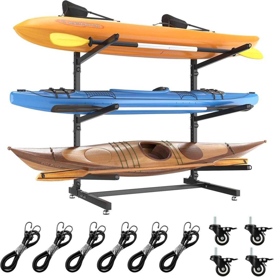 LotFun Kayak Storage Rack, Freestanding Heavy Duty Adjustable Kayak Stand Indoor Outdoor Storage Rack Garage, with Wheels and Foot Pad, for Kayaks, SUPs, Canoes, Surfboard(3 Levels)