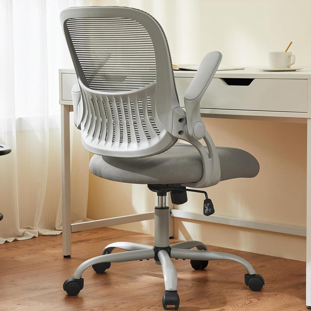 Sweetcrispy Office Computer Desk Chair, Ergonomic Mid-Back Mesh Rolling Work Swivel Task Chairs with Wheels, Comfortable Lumbar Support, Comfy Flip-up Arms for Home, Bedroom, Study, Student, Gray (Grey)