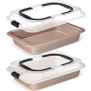 Qinyoung 2 Pcs Cake Baking Pan with Lid and Handle, 9 x 13 Inch Non-stick Rectangle Sheet Cake Pan Carrier for Brownie Roasting Cooking Baking (Gold)