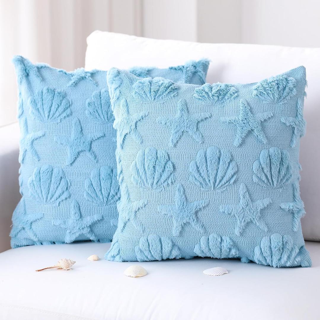 Breling 2 Pcs 18x18 Inch Beach Shells Starfish Theme Faux Fur Pillow Covers Summer Coastal Embroidery Soft Throw Pillows Covers for Bedroom Sofa Holiday Home Decoration