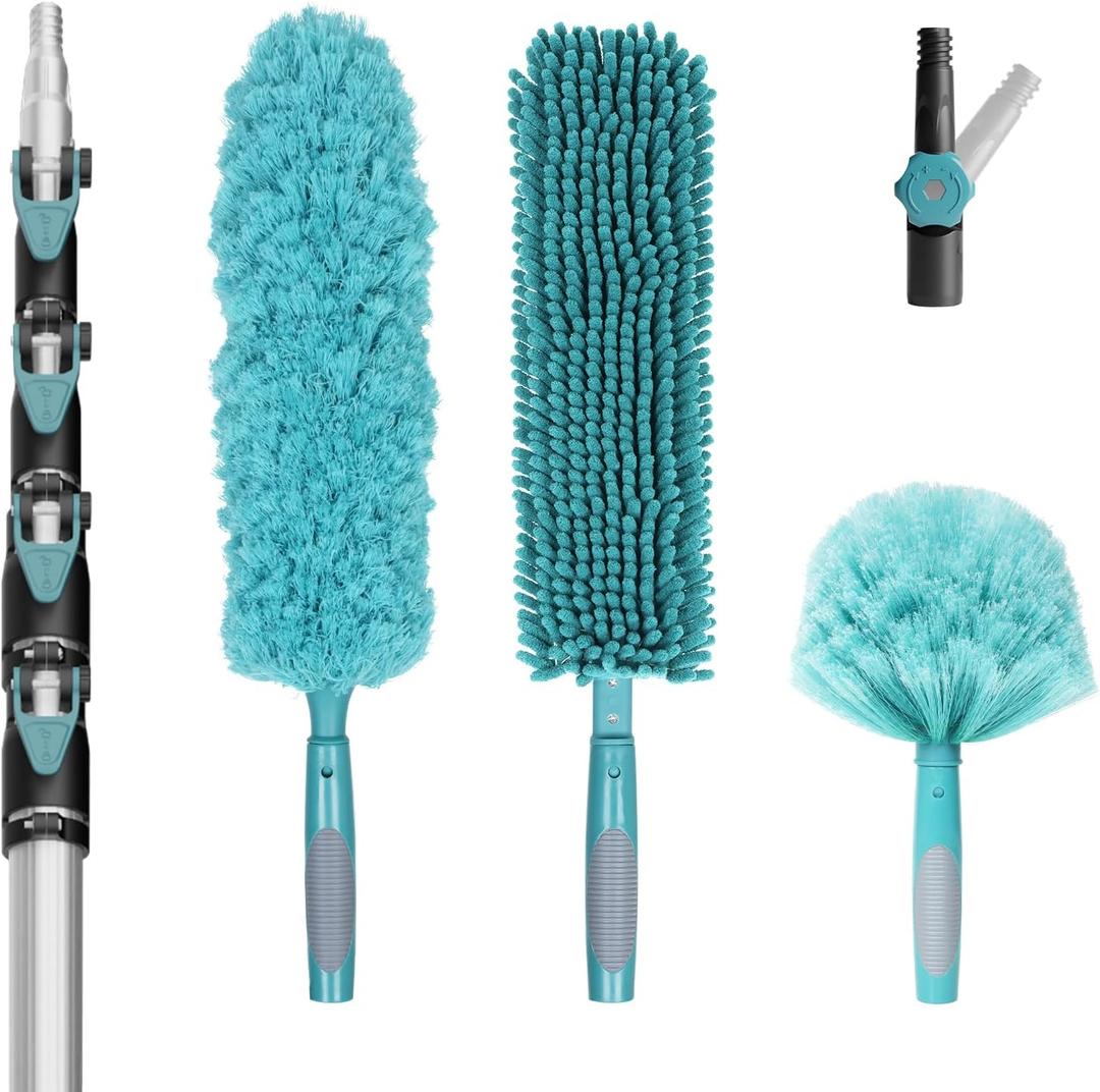 TelesPro 36 Foot High-Reach Duster Kit with 7-30FT Extendable Pole - High Ceiling Duster Cleaning Kit with Telescopic Pole,Cobweb Duster, Chenille Ceiling Fan Duster, Microfiber Feather Duster
