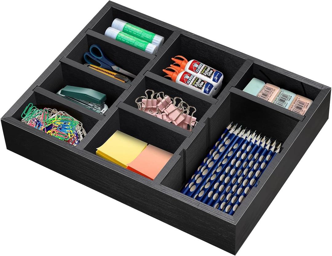 Wooden Desk Drawer Organizer, 9-Slot Office Organization and Storage Box, Adjustable Natural Wood Desktop Tray for Pens, Sticky Notes, and Small Accessories, Aesthetic Home Office Decor (12 x 9 In) (Black)