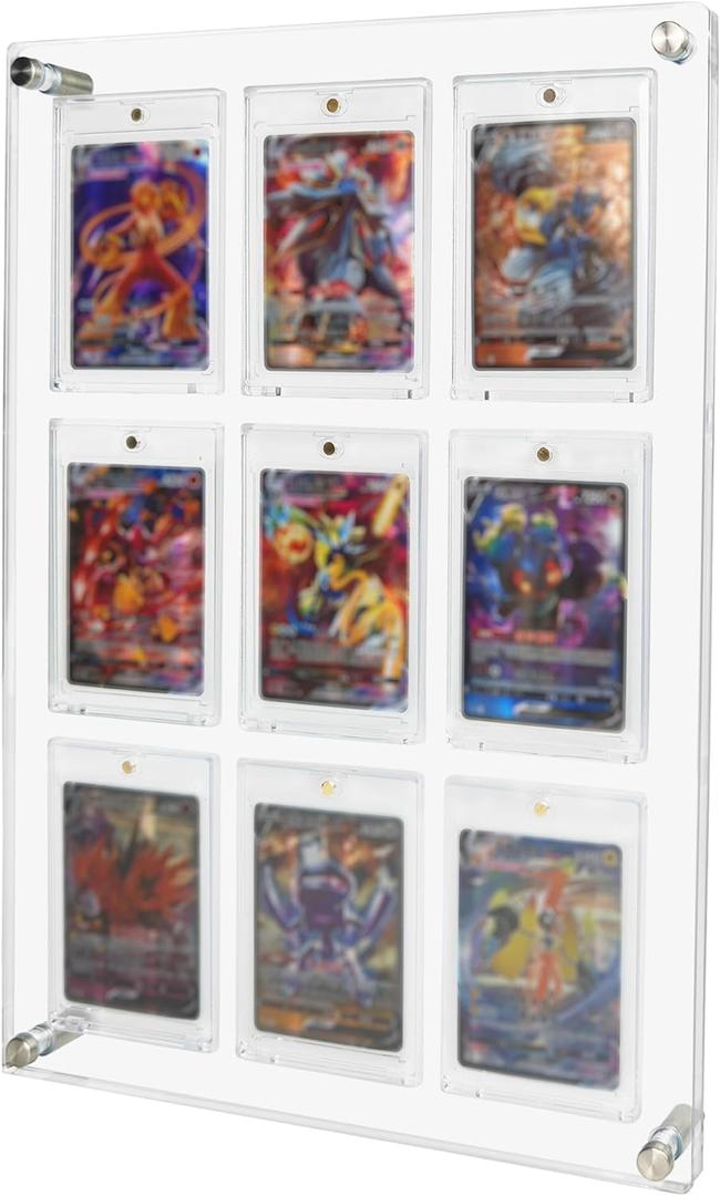Acrylic Trading & Sports Card Display Frame - 9-Slot Wall/Desktop Holder for Baseball, Pokemon, Hockey Cards, UV-Protected with Magnetic One Touch Holders & Ad Nails
