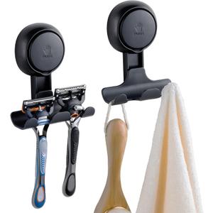 TAILI Suction Cup Razor Holder for Shower 2 Pack, Towel, Loofah, Shaver Holder for Shower Wall, Powerful Suction Cup Hooks for Inside Bathroom, Easy to Install and Reuse, Black