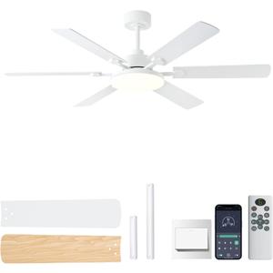 NKPU 56 Inch Ceiling Fans with Lights, Modern White Ceiling Fan with Light and Remote Control, 6 Double Sided Blades, 6 Speed Reversible Motor, Dimmable LED, Silent Timing, Indoor Outdoor Patio Use