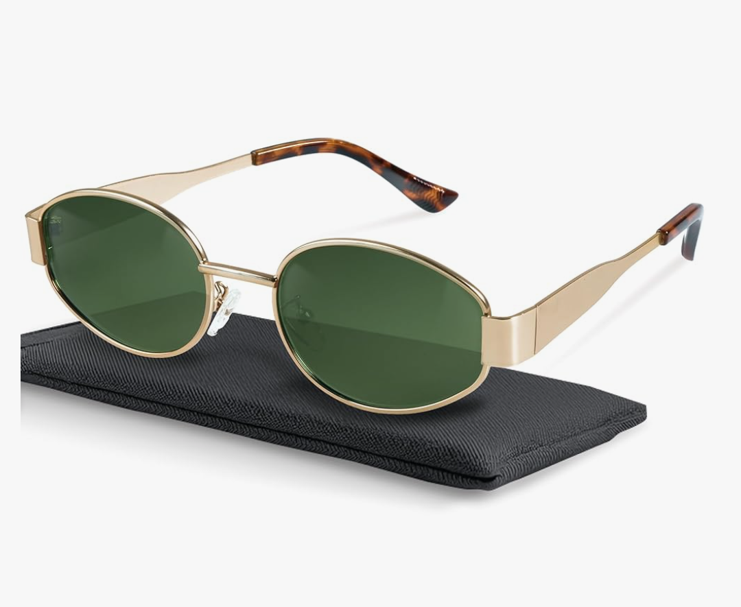 livho Retro Polarized Sunglasses - UV400 Protection, Oval Shape, Metal Frames - Matching Soft Case Inlcuded