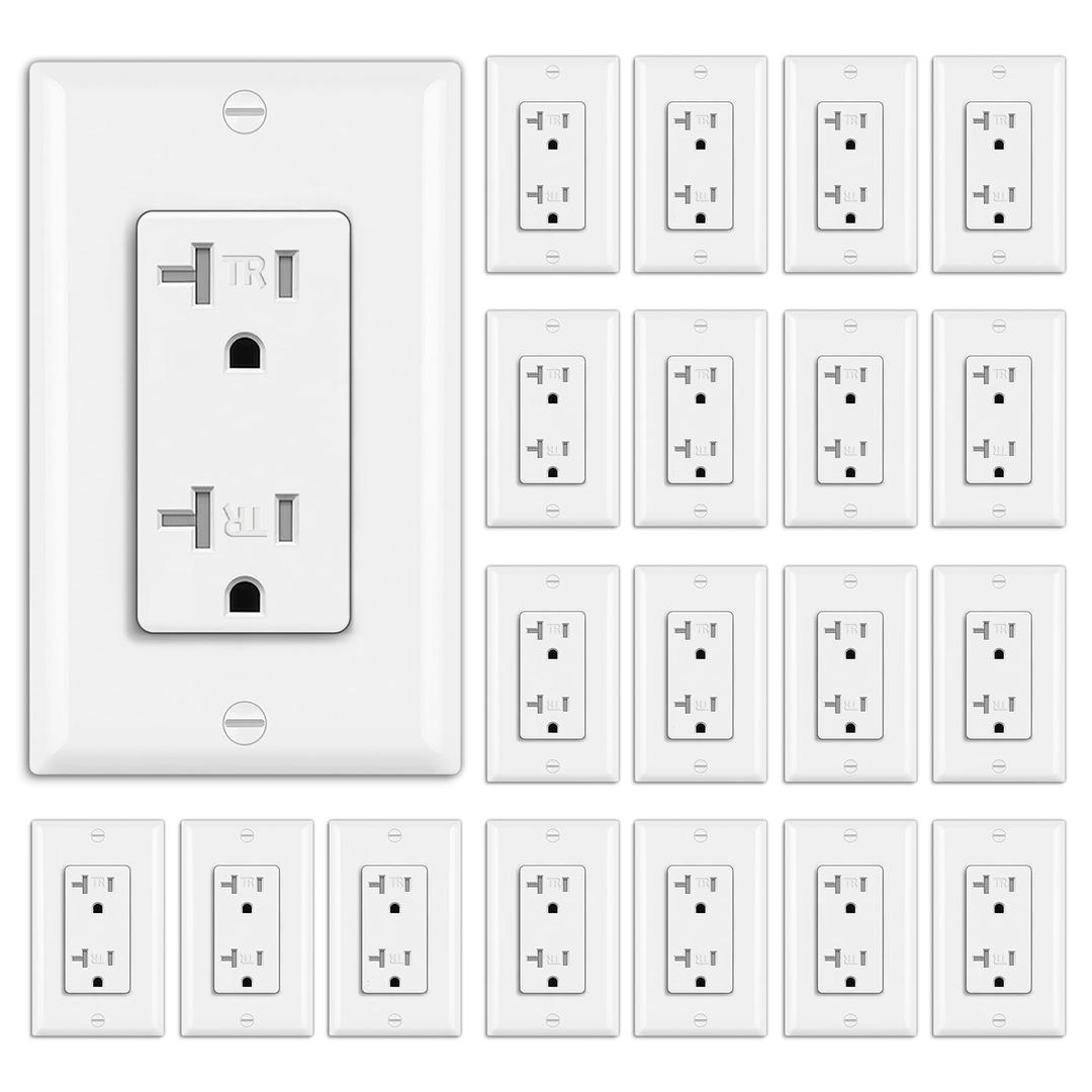 BESTTEN 20 Pack 20 Amp Decor Wall Receptacle Outlet, 20A Tamper-Resistant (TR) Electrical Outlet with Wallplate, Residential and Commercial Use, White