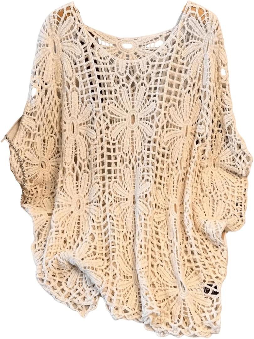 MakeMeChic Women's Plus Size Boho Tops Crochet Sweater Dolman Sleeve Beach Cover Up (XX-Large Plus)