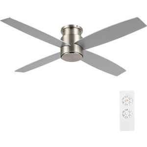 WINGBO 44" Flush Mount DC Ceiling Fan without Lights, 4 Reversible Plywood Blades, Quiet 6-Speed DC Motor, Hugger Low Profile Ceiling Fan No Lights for Bedroom, Brushed Nickel Finish