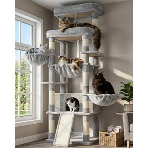 Hey-brother Cat Tree Tower, Scratching Posts with Extra Large Platform and Basket, Specious Condo, 2 Cozy Hammocks, Scratch Board for Indoor Adult Cats, Maine Coon 71.7 inches, Light Gray MPJ080W