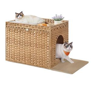 Feandrea Cat Litter Box Enclosure, Handwoven Rattan End Table, Extra Mat | Hidden Litter Box Furniture, Removable Washable Tray, Boho Cat House, Goose Yellow, ELIOTT Collection UPCL014K01