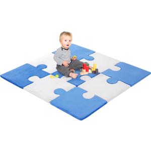 MABOZOO Large 9 Pcs Plush Baby Play Mat, 47"x47" Overall Size Fluffy Carpet Squares 0.8-inch Thick Anti Slip Interlocking Carpet Tiles Soft Floor Mat for Kids Home Playroom Nursery - Blue&White