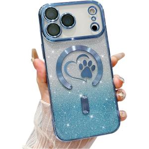for iPhone 17 Pro Case, Glitter Clear Cute Paw Love Heart, Compatible with MagSafe, Strong Magnetic Full Camera Lens Protection Cover, Soft Slim Bling Phone Case 6.3" - Blue