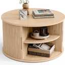 LINSY HOME Round Coffee Table, 31.5" Drum Coffee Table with Sliding Tambour Door, Fluted Accent Center Table with Storage, Mid Century Modern Coffee Table for Living Room, Oak