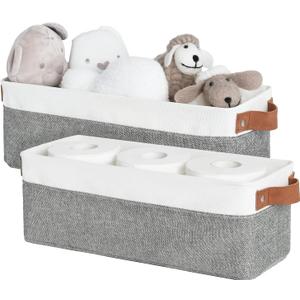 StorageWorks Narrow Storage Bins, Small Basket for Closet and Shelves, Fabric Organizer with Handles, Toilet Paper Storage, Grey and White, 2-Pack (15"L x 6"W x 5"H)