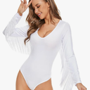 American Trends Women's Fringe Trim V Neck Long Sleeve Bodysuit Top Body Suit Concert Cowgirl Disco Outfits Leotard Jumpsuit, White, L