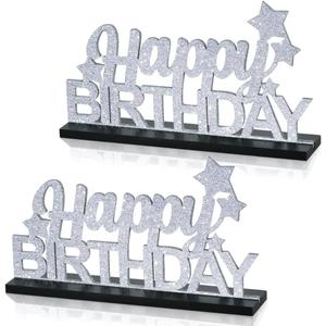 TONIFUL Glitter Silver Letter Happy Birthday Sign Centerpieces for Table Birthday Party Supplies Birthday Favor Decoration for 30th 40th 50th 60th 70th 80th 90th 100th Birthday Table Decoration