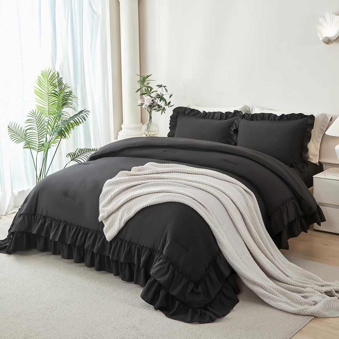 ANGIYUIN 5Pcs Black Full Size Ruffled Bed in Bag Farmhouse Shabby Comforter Set Solid Elegance Bedding Comforter Set with Sheets Soft Lightweight Bed Set for Women Men(Black Full)