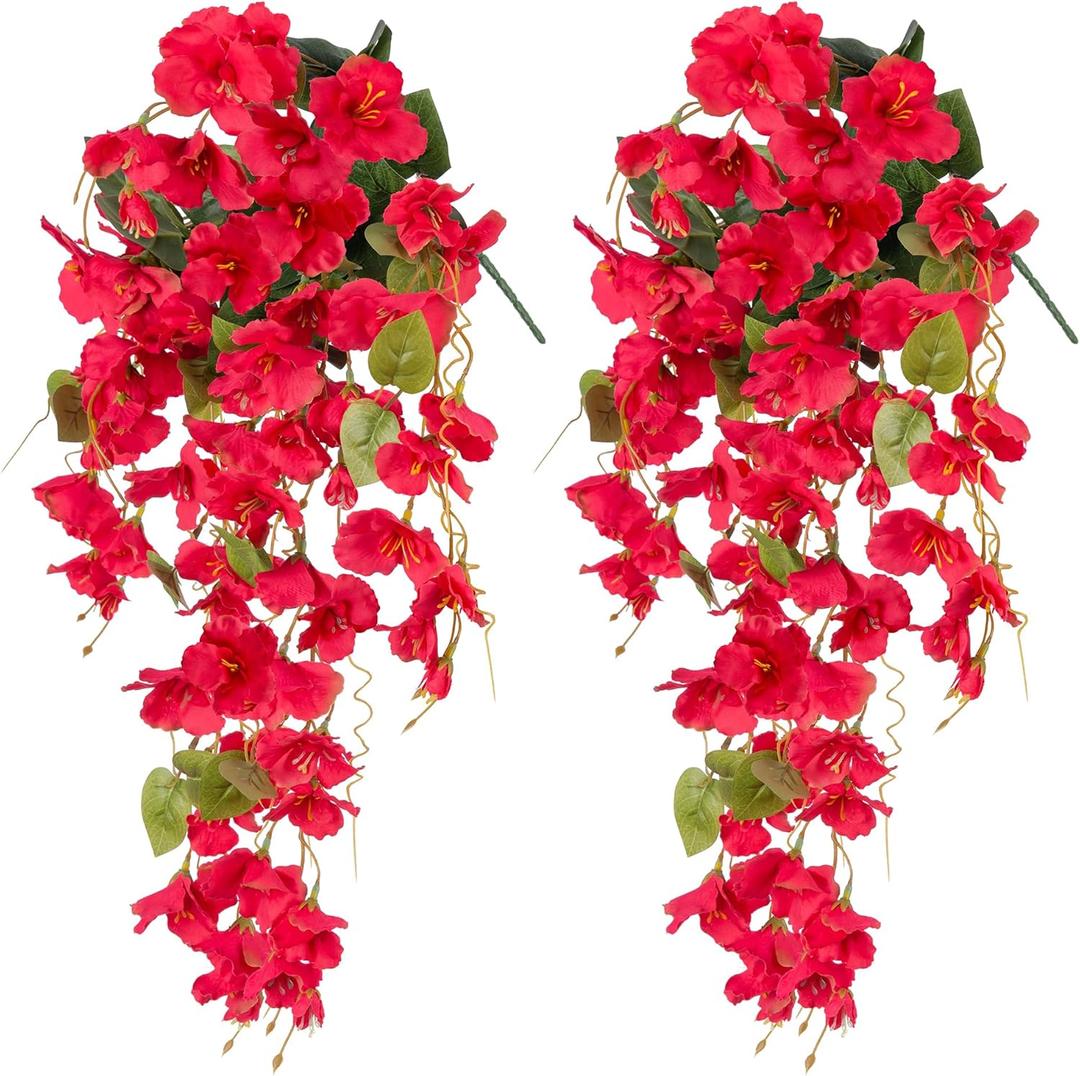 Artificial Hibiscus Fake Hanging Flowers Plants for Outdoors Spring Summer Decoration, 2pcs Red Silk Hibiscus Long Trailing Vines UV Resistant Realistic Faux Flower for Outside Front Door Porch Patio