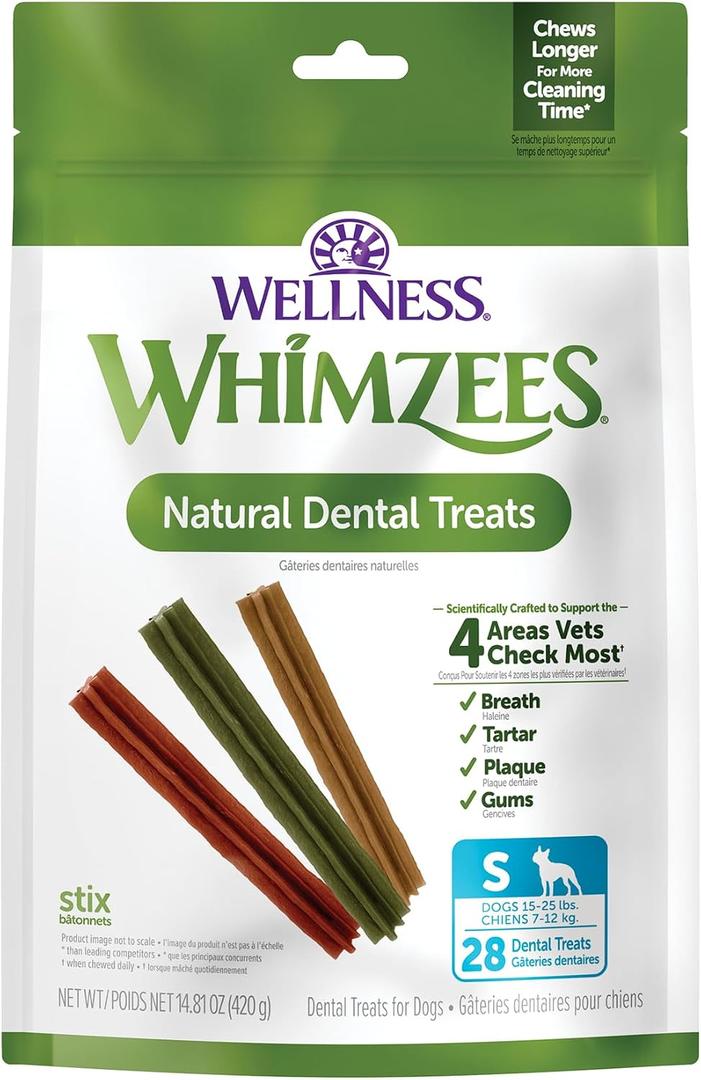 Whimzees Wellness Stix Natural Dog Dental Treat, Chews, Freshens Breath, Small Size Sticks, 14.81 oz Bag, 28 Count (EXP 02/26/28)