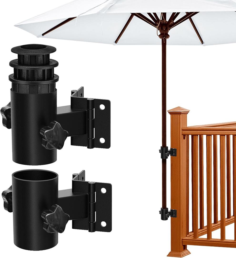 Deck Umbrella Mount, Stainless Steel Patio Umbrella Holder, Heavy Duty Outdoor Umbrella Bracket Clamp, (Fit Max OD 2 inch), Multiple Mounting Options to Save Deck Space, Black