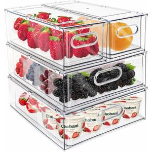 Mano Fridge Drawer Pull Out Stackable Bins with Handle Clear Refrigerator Drawers Organizer Food Storage Container Box with Dividers Plastic Produce Saver for Pantry, Cabinet, Kitchen, Clothes4Pack