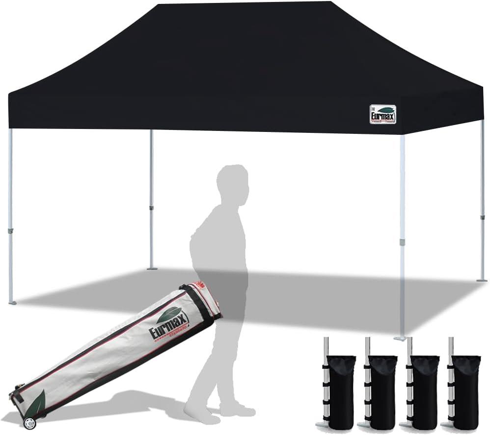 Eurmax USA 10'x15' Pop Up Canopy Tent Commercial Instant Canopies with Heavy Duty Roller Bag,Bonus 4 Sand Weights Bags (Black)