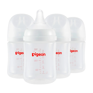 Pigeon PP Nursing Bottle Wide Neck, Anti-Colic, Streamlined Body, Natural Feel, Easy to Clean, 5 Oz (Pack of 4), Includes 4pcs SS Nipples (0m+)