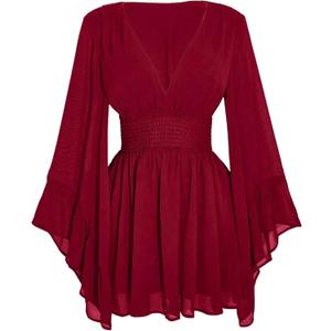 BEAUDRM Women's Plus Size Boho Western Dress Bell Sleeve Cowgirl Hippie Mini Dress Mesh A Line Casual Flowy Dresses (Burgundy, 4XL)