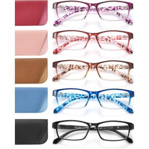 Reading Glasses for Women: 5 Pack Blue Light Blocking Readers for Small Face, Lightweight Spring Hinge Anti-Glare (Purple+rose Red+caramel+blue+black)