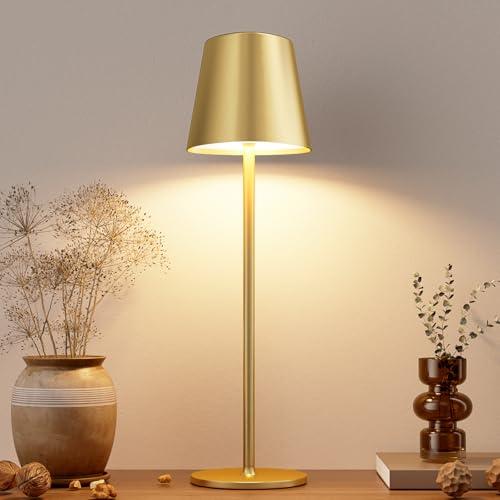 Kakanuo Cordless Table Lamp, Battery Operated Lamp, Portable LED Wireless Rechargeable Lamp, 3 Color Stepless Small Table Lamp for Restaurant, Bar, Party, Camping and Bedroom - Gold