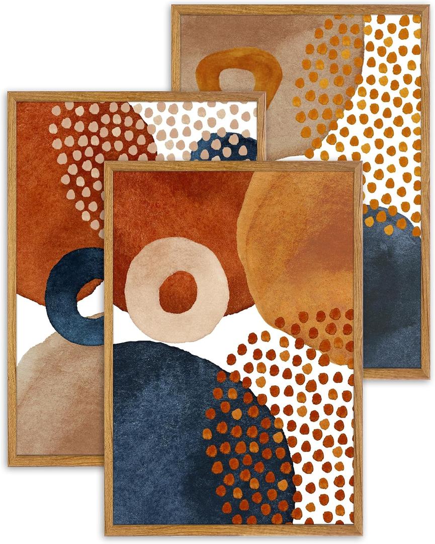 UPWOIGH Large Framed Canvas Wall Art, Set of 3 Watercolor Decor in Navy Blue, Terracotta, Burnt Orange, Beige, 16x24in Minimalist Natural Cotton Posters, Boho Modern Aesthetic for Living Room, Bedroom