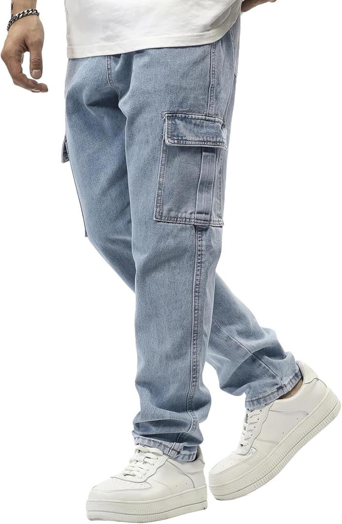 JMIERR Men's Elastic Waist Cargo Jeans Stretch Denim Pants with Drawstring Relaxed Fit for Casual Daily Wear (Blue) 40