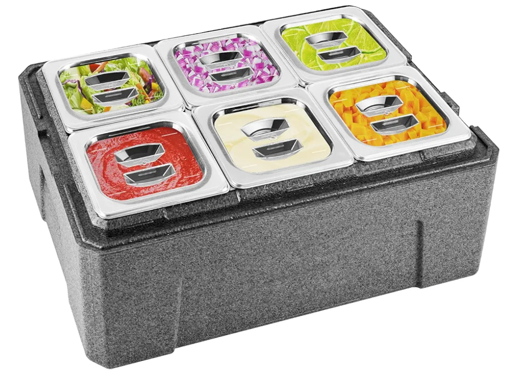 Insulated Cold Food Buffet Ice Serving Trays 6 Lids 6 Pans 2 Ice Packs Insulation Box Cooled Condiment Serving Container Ice Platter Food Cooler for Parties Buffets Fruit Market