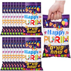 Panelee 100 Pcs Happy Purim Gift Bags with Handle Plastic Goody Purim Treat Autism Candy Gift Bag for Event Home School Office Party Supplies Decoration